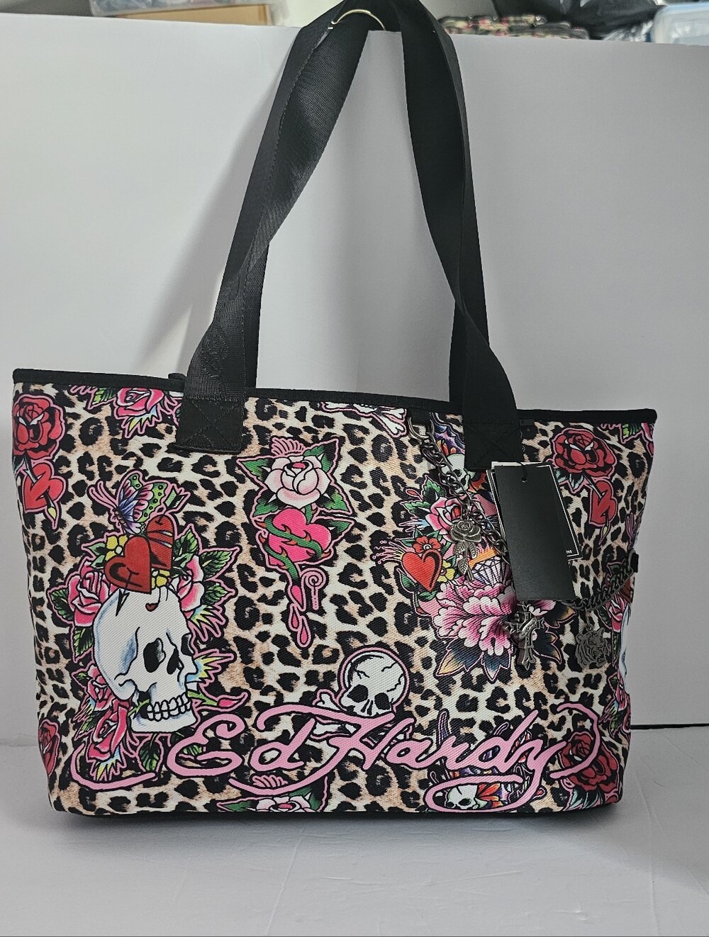 NWT! Ed Hardy Leopard WILMA PINK Tattoo Tote Bag W/ Bag Chain & Charms!